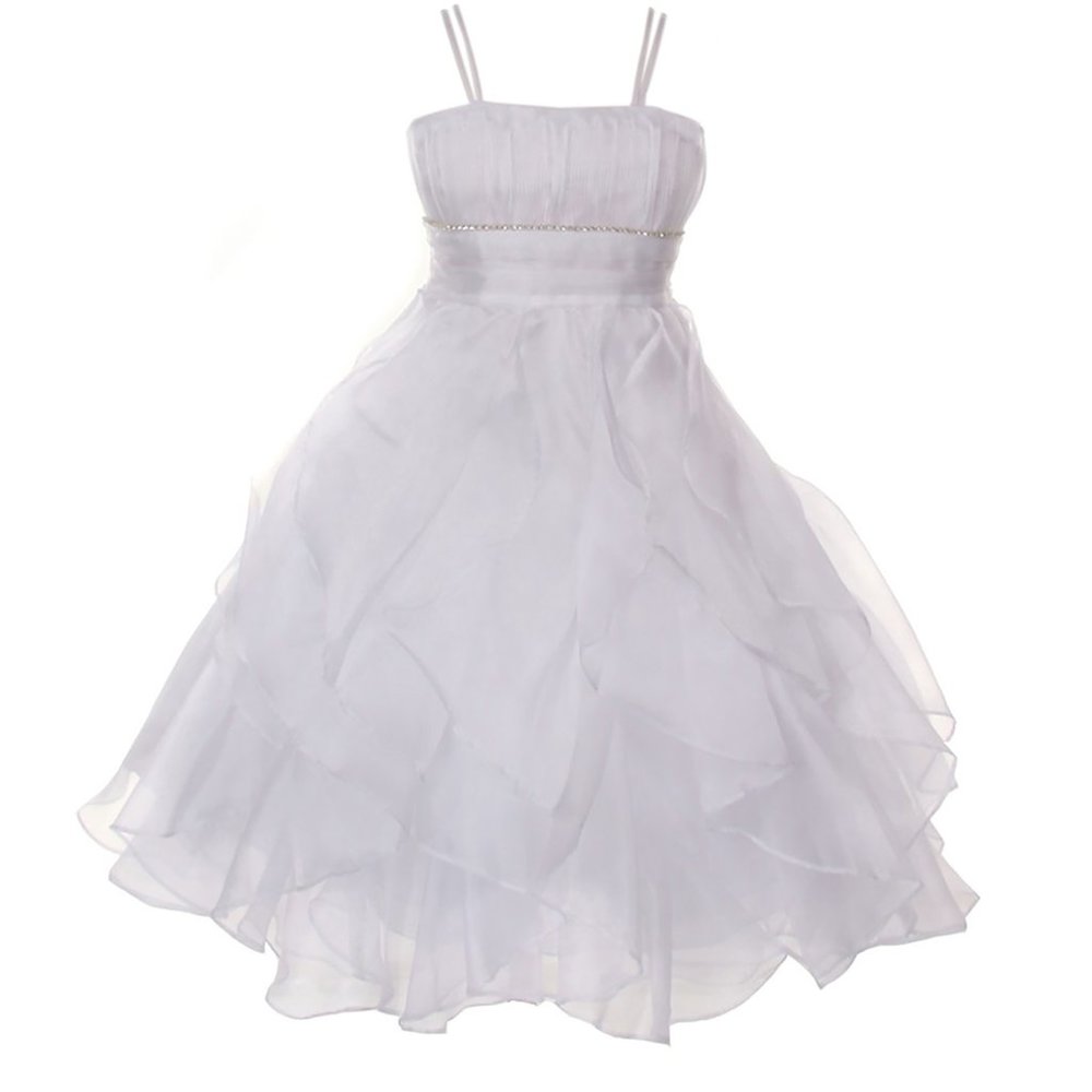 Girl Rhinestone Waist Ruffled Wedding Communion Party Flower Girl Dress, White